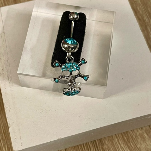 14g Skull & Crossbones Belly Ring with Blue CZ- Surgical Stainless Steel NWT - Picture 2 of 13